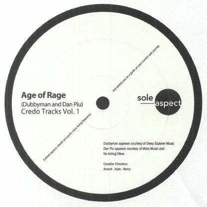 Portada trasera del vinilo Age Of Rage – Credo Tracks Vol. 1 de Sole Aspect, edición 12" limitada. Créditos de producción y dirección creativa impresos en la etiqueta.