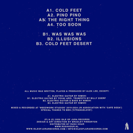 Contraportada del vinilo Alek Lee – Cold Feet mostrando el listado de temas del LP, créditos de grabación y sello Isle Of Jura sobre fondo azul profundo.