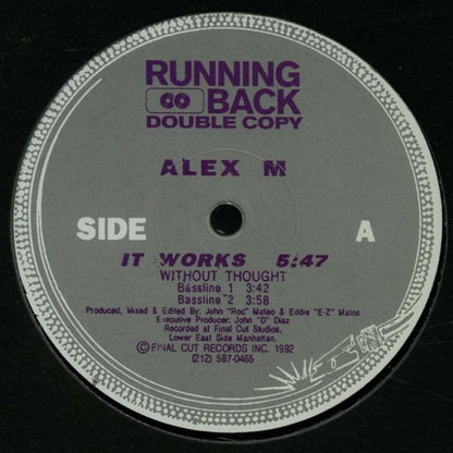 Portada delantera del vinilo Alex M – It Works. Sello Running Back Double Copy, formato 12". Lado A con lista de canciones y detalles de crédito.