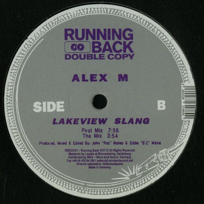 Contraportada del vinilo Alex M – It Works. Sello Running Back Double Copy, formato 12". Lado B con lista de canciones y créditos de producción.