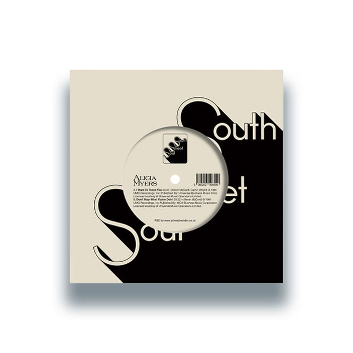 Portada trasera del vinilo Alicia Myers – I Want To Thank You / Don’t Stop What You’re Doin’, lanzado por South Street Soul en formato 7". Texto impreso: Créditos, duración de las pistas y código de barras.
