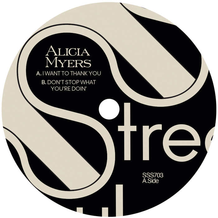 Etiqueta del lado A del vinilo, incluye el tema “I Want To Thank You” de Alicia Myers. Texto impreso: South Street Soul, SSS703 A.Side.