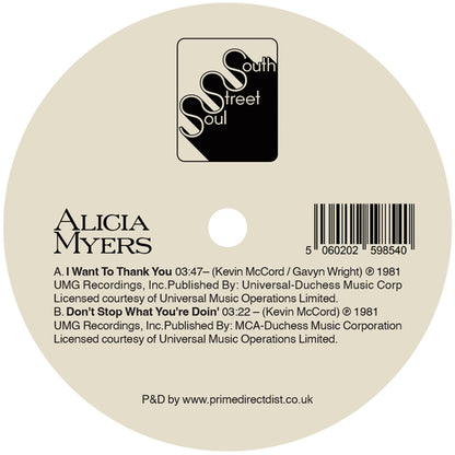 Etiqueta del lado B del vinilo con créditos y duración de ambos temas de Alicia Myers. Texto impreso: South Street Soul, SSS703.