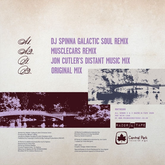 Contraportada de vinilo 12" Alistair Colling Vs. Tortured Soul – When You Find Your Love... Hold On (25th Anniversary Mixes), tracklist con remixes y logo Razor-N-Tape.
