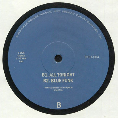 Contraportada del vinilo Alton Miller – Blue Funk, lanzado por DBH Records. Muestra los títulos de las canciones del lado B y créditos.