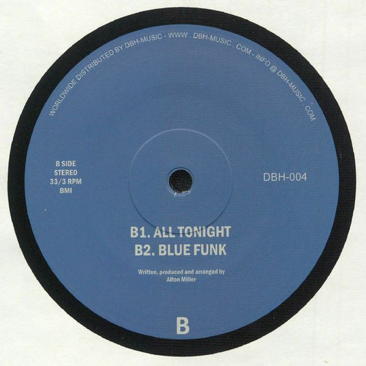 Contraportada del vinilo Alton Miller – Blue Funk, lanzado por DBH Records. Muestra los títulos de las canciones del lado B y créditos.