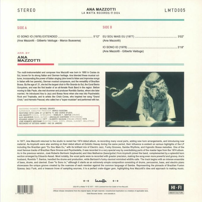 Contraportada de vinilo Ana Mazzotti – Io Sono Io (Eu Sou Mais Eu), tracklist lados A y B, créditos y texto detallado, reedición 12" La Matta Records.