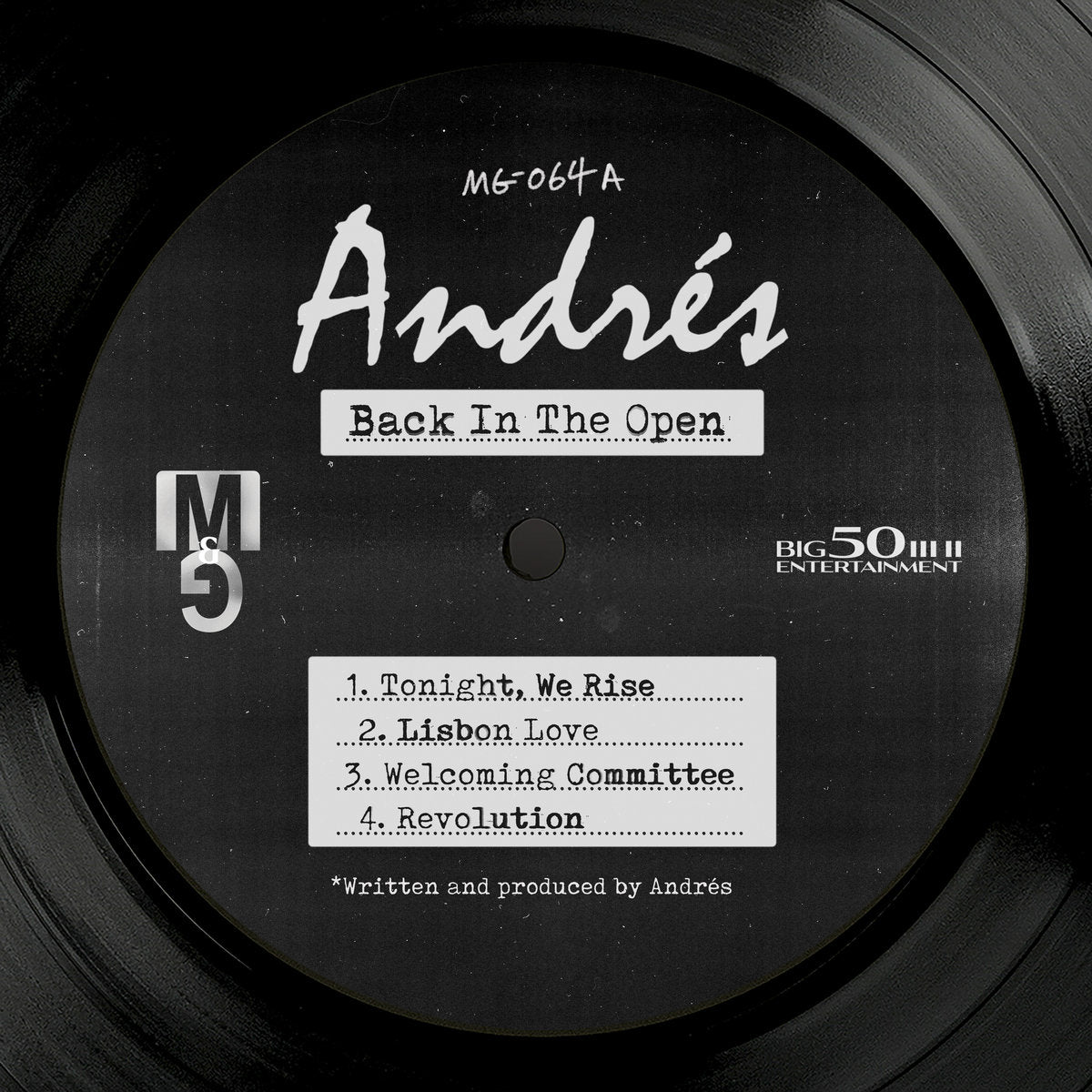 Lado A del vinilo Andrés – Back In The Open, con etiqueta negra, catálogo MG-064 A y títulos de las cuatro pistas.