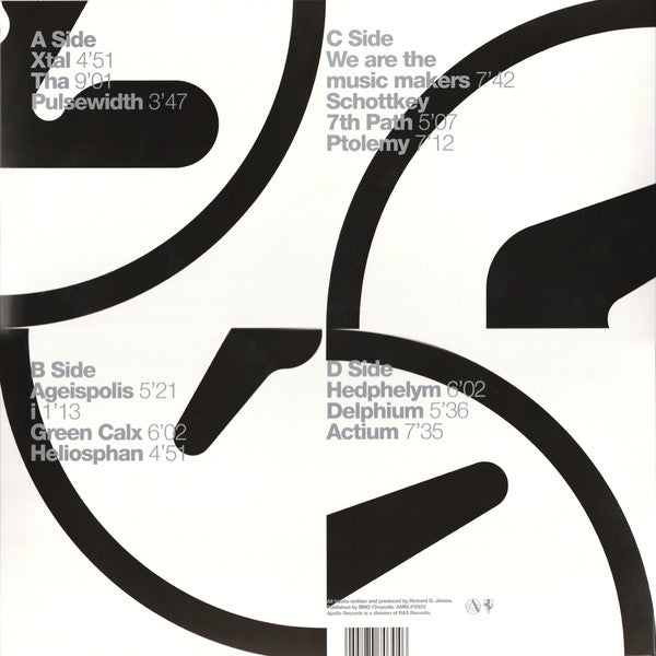 Contraportada del vinilo Aphex Twin – Selected Ambient Works 85-92 con listado de temas por lado y arte gráfico fragmentado del logotipo.