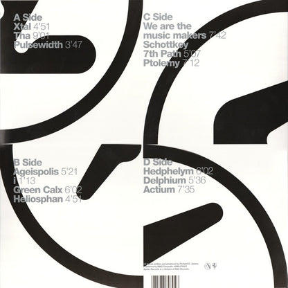 Contraportada del vinilo Aphex Twin – Selected Ambient Works 85-92 con listado de temas por lado y arte gráfico fragmentado del logotipo.