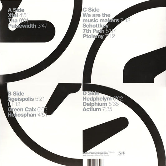 Contraportada del vinilo Aphex Twin – Selected Ambient Works 85-92 con listado de temas por lado y arte gráfico fragmentado del logotipo.