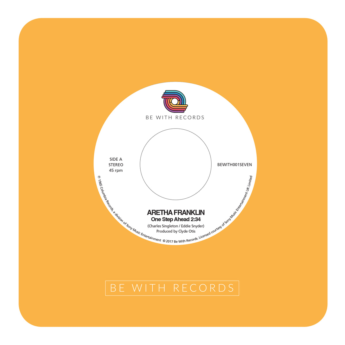 Portada del vinilo Aretha Franklin – One Step Ahead en reedición 7" de Be With Records, con diseño minimalista y etiqueta centrada sobre fondo color mostaza.