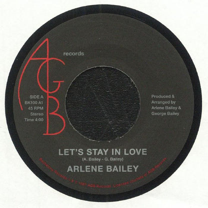 Etiqueta central del vinilo Arlene Bailey – Let's Stay In Love en Backatcha Records, lado A a 45 RPM, con créditos de Arlene y George Bailey y duración de 4:00 minutos.