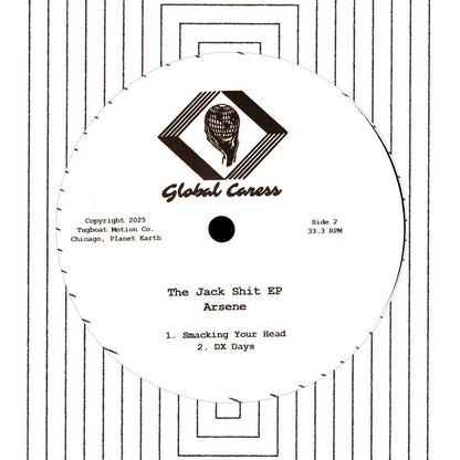 Etiqueta central del lado B del vinilo Arsene – The Jack Shit EP con créditos de Tugboat Motion Co. y tracks “Smacking Your Head” y “DX Days”.