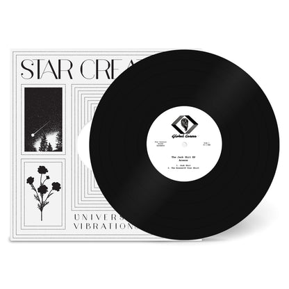 Vinilo Arsene – The Jack Shit EP parcialmente fuera de su funda, destacando el arte gráfico de Star Creature y la galleta del lado A.