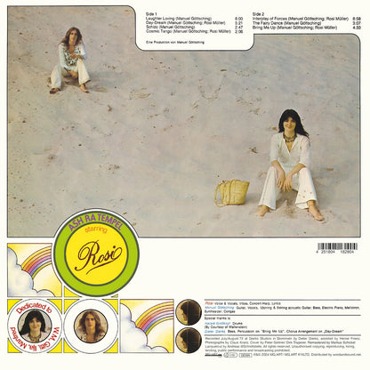 Contraportada del vinilo Ash Ra Tempel – Starring Rosi (MG.ART, LP). Muestra la lista de canciones, créditos de grabación y una foto de Manuel Göttsching y Rosi Müller.