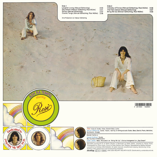 Contraportada del vinilo Ash Ra Tempel – Starring Rosi (MG.ART, LP). Muestra la lista de canciones, créditos de grabación y una foto de Manuel Göttsching y Rosi Müller.