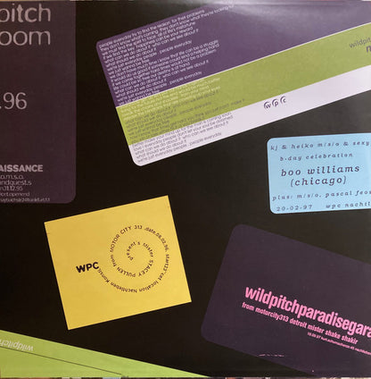 Interior gatefold A2 de vinilo Ata & nd_baumecker – Running Back Mastermix Presents Wild Pitch Club Part II/II con flyers y gráficos originales del Wild Pitch Club.
