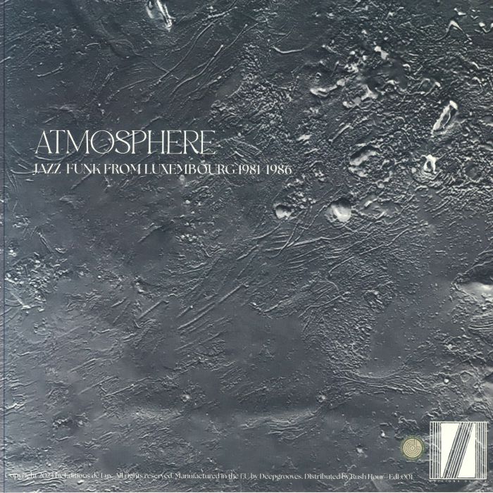 Contraportada del vinilo Atmosphere – Jazz-Funk from Luxembourg 1981-1986 editado por Editions de Lux, con textura gris metálica y créditos en blanco.