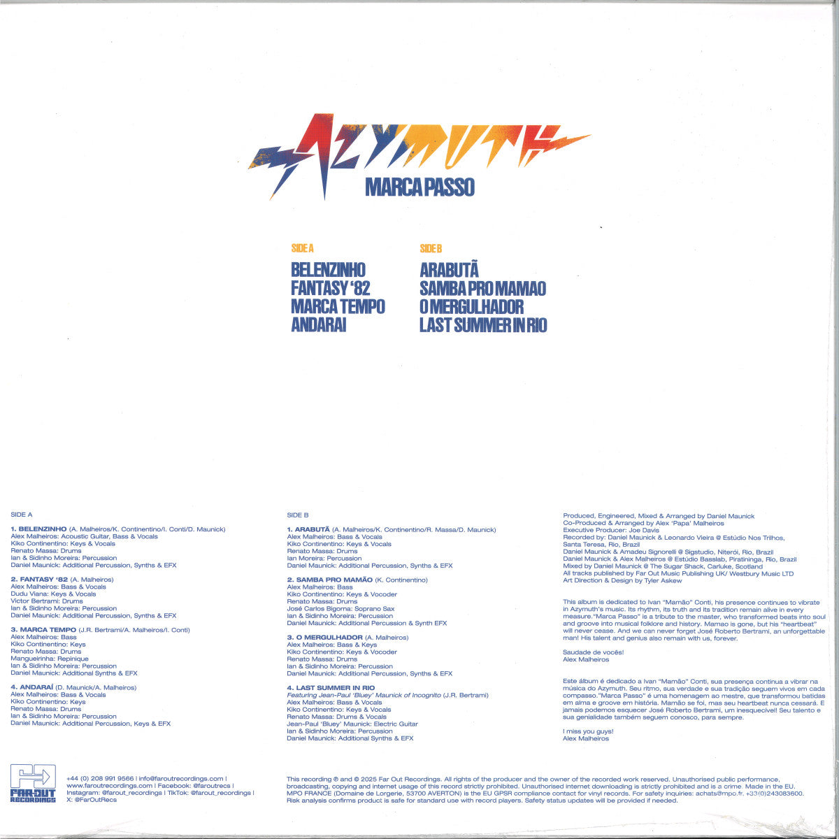 Contraportada del vinilo Azymuth – Marca Passo con listado de pistas, créditos y logo del sello Far Out Recordings.
