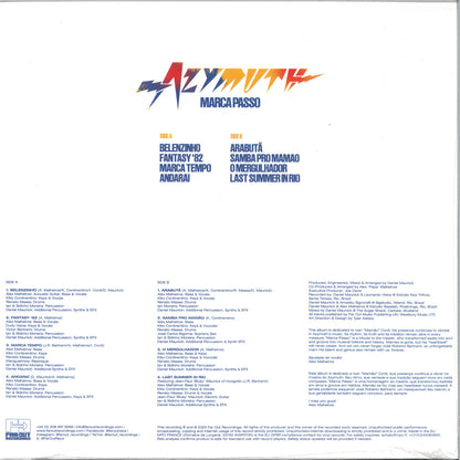 Contraportada del vinilo Azymuth – Marca Passo con listado de pistas, créditos y logo del sello Far Out Recordings.