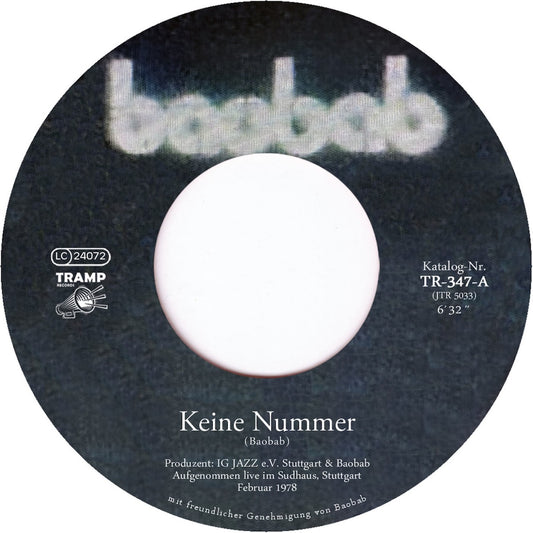 Lado A del vinilo Baobab – Keine Nummer, etiqueta central Tramp Records con título, créditos, duración 6:32 y catálogo TR-347-A, estética sobria y oscura.
