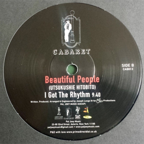 Portada trasera del vinilo de Beautiful People – Harmony / I Got The Rhythm publicado por Cabaret. Impreso: lado B con “I Got The Rhythm”, versión (Utsukushii Hitobito), duración 9:40 y créditos técnicos.