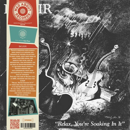 Portada del vinilo Belair – Relax, You're Soaking In It: ilustración en blanco y negro con guitarras flotando, reedición LP de Mad About Records.