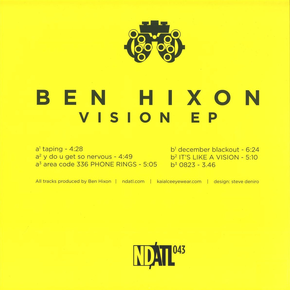 Contraportada del vinilo Ben Hixon – Vision EP: seis pistas con duraciones, créditos y número de catálogo NDATL 043.