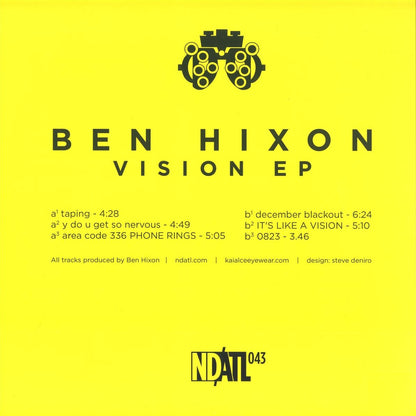Contraportada del vinilo Ben Hixon – Vision EP: seis pistas con duraciones, créditos y número de catálogo NDATL 043.