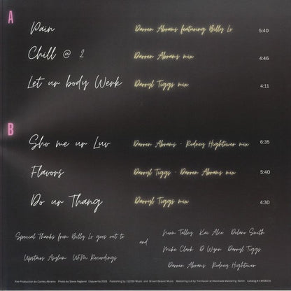 Contraportada del vinilo Billy Lo - Billy Lo, editado por Cosmocities Records en formato 12". Lista de canciones y créditos en fondo negro con tipografía estilizada.