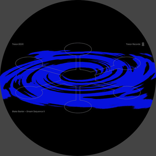 Etiqueta central del lado A en vinilo de Blake Baxter – Dream Sequence X en Tresor, diseño azul minimalista con arte abstracto.