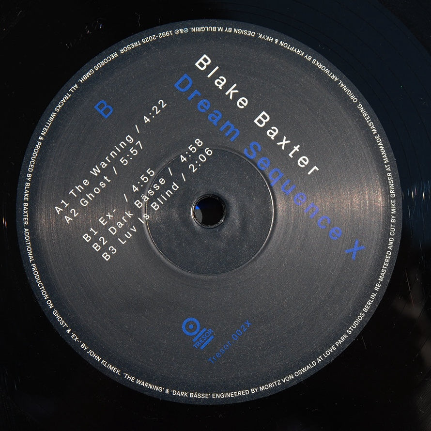 Etiqueta central del lado B en vinilo de Blake Baxter – Dream Sequence X, muestra lista de pistas, duraciones y créditos en Tresor.