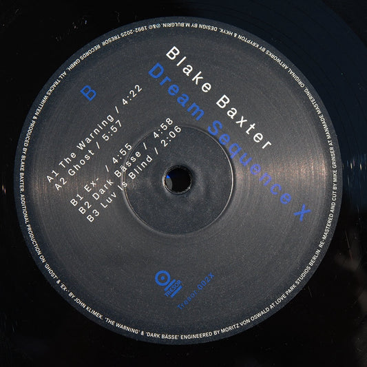 Etiqueta central del lado B en vinilo de Blake Baxter – Dream Sequence X, muestra lista de pistas, duraciones y créditos en Tresor.