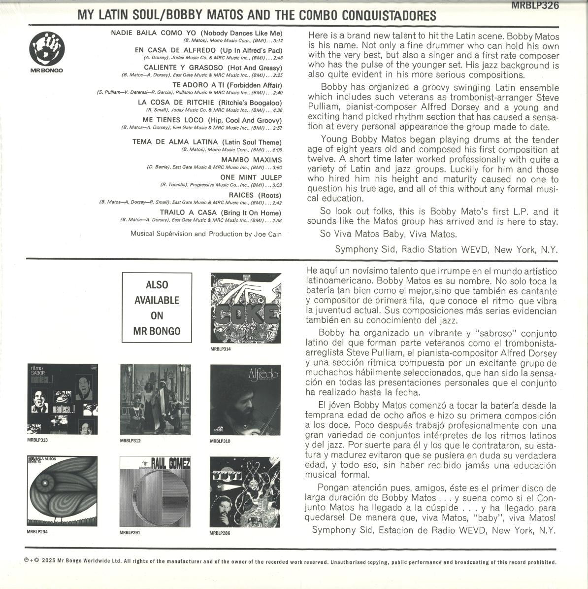 Contraportada del vinilo Bobby Matos And The Combo Conquistadores – My Latin Soul, LP álbum reedición en Mr Bongo, con tracklist completo, textos bilingües, créditos y referencias de catálogo.