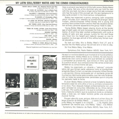 Contraportada del vinilo Bobby Matos And The Combo Conquistadores – My Latin Soul, LP álbum reedición en Mr Bongo, con tracklist completo, textos bilingües, créditos y referencias de catálogo.