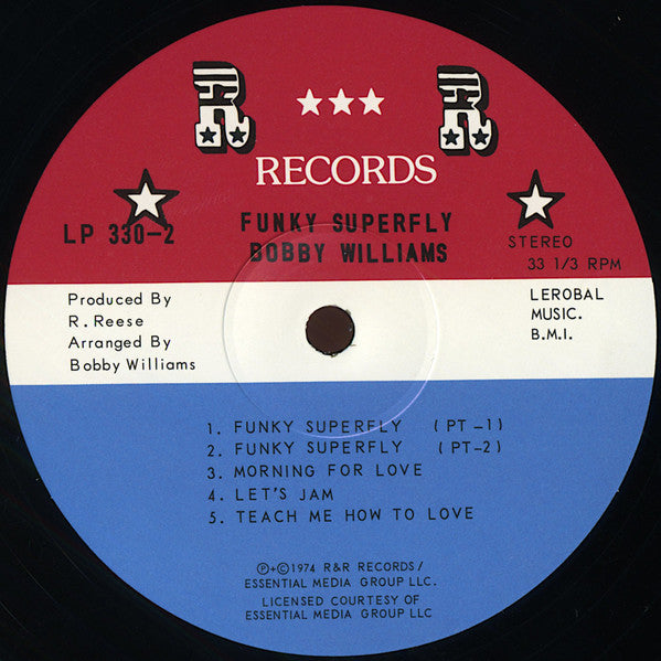 Lado A del vinilo Bobby Williams – Funky Super Fly, con “Funky Superfly” en dos partes y créditos de Bobby Williams.