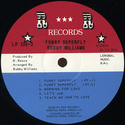 Lado A del vinilo Bobby Williams – Funky Super Fly, con “Funky Superfly” en dos partes y créditos de Bobby Williams.