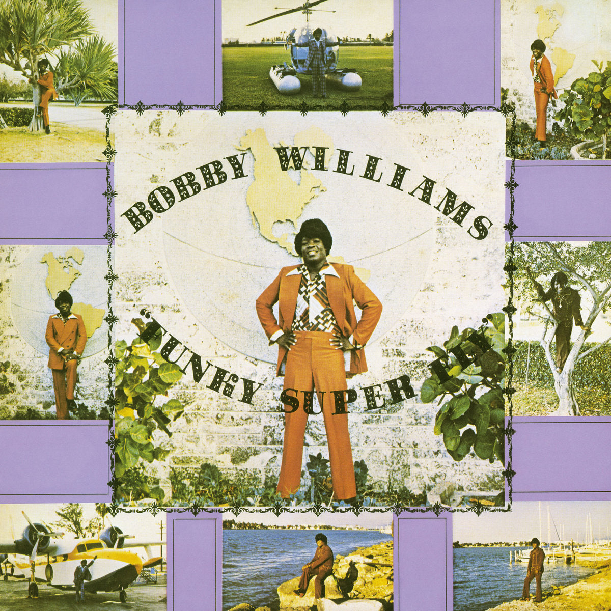 Portada del vinilo Bobby Williams – Funky Super Fly, con traje naranja y un collage de fotos enmarcadas en lila.