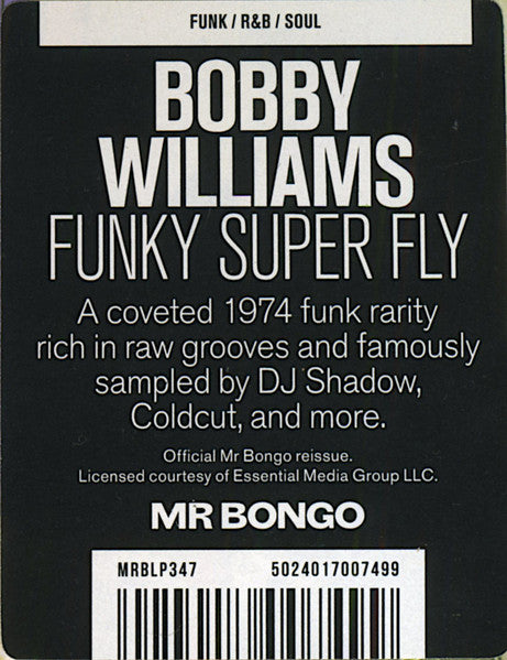 Sticker del vinilo Bobby Williams – Funky Super Fly: reedición de Mr Bongo, catálogo MRBLP347 y código de barras.