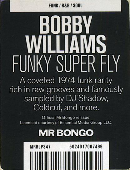 Sticker del vinilo Bobby Williams – Funky Super Fly: reedición de Mr Bongo, catálogo MRBLP347 y código de barras.