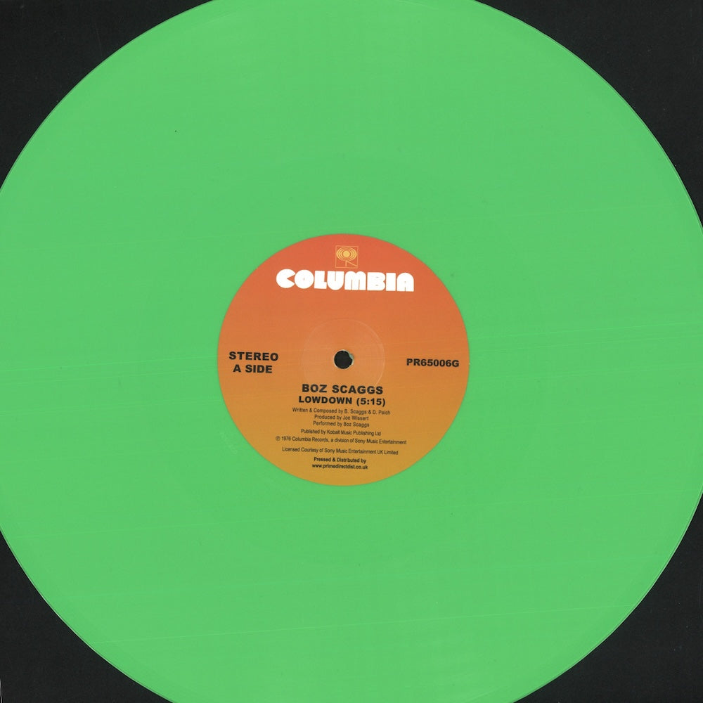 Lado A del vinilo Boz Scaggs – Lowdown publicado por Columbia. El vinilo es un 12", reedición, verde. Texto impreso: Stereo A Side, duración 5:15, producido por Joe Wissert.