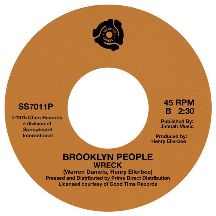 Portada trasera del vinilo de Brooklyn People – Peace And Love, editado por Selector Series en formato 7", reedición estéreo para DJs. Texto impreso: lado B con el track "Wreck", duración 2:30, créditos a Warren Daniels y Henry Ellerbee.