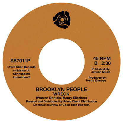 Portada trasera del vinilo de Brooklyn People – Peace And Love, editado por Selector Series en formato 7", reedición estéreo para DJs. Texto impreso: lado B con el track "Wreck", duración 2:30, créditos a Warren Daniels y Henry Ellerbee.