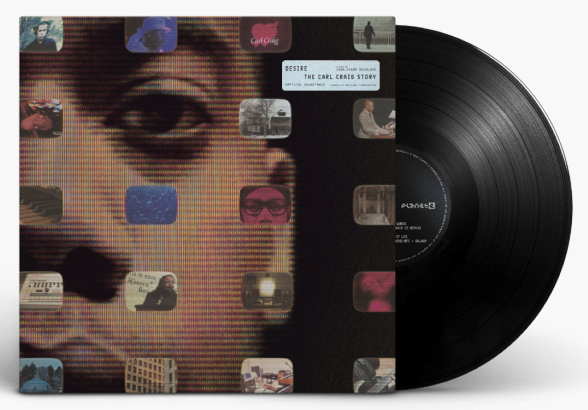 Presentación del vinilo Carl Craig – Desire: The Carl Craig Story, con portada y dos discos negros parcialmente visibles.