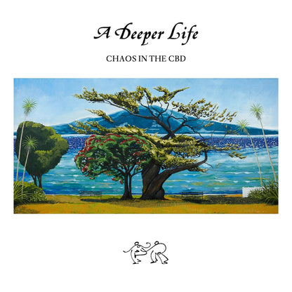 Portada del vinilo Chaos In The CBD – A Deeper Life con arte pintado de un paisaje costero y árbol central.