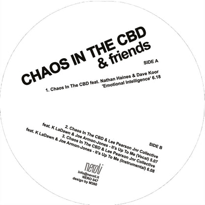 Etiqueta central lado A del vinilo Chaos In The CBD & Friends – Emotional Intelligence / It's Up To Me 12” en sello Neroli con pistas, créditos y catálogo visibles.