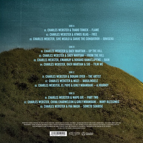 Contraportada de vinilo Charles Webster & The South African Connection – From The Hill con tracklist completa de los 4 lados sobre paisaje de colina, edición 2x LP en Stay True Sounds.