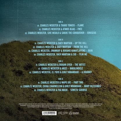 Contraportada de vinilo Charles Webster & The South African Connection – From The Hill con tracklist completa de los 4 lados sobre paisaje de colina, edición 2x LP en Stay True Sounds.
