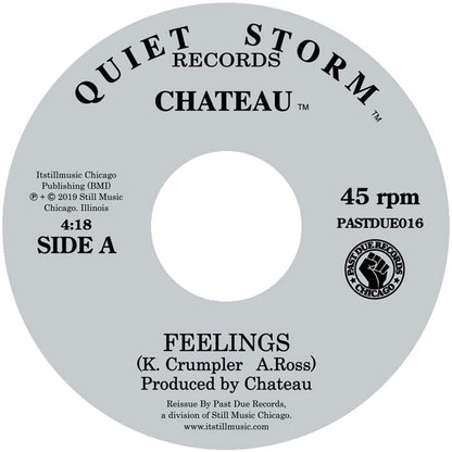 Etiqueta central lado A del vinilo Chateau – Feelings / Strike A Spark, mostrando el tema “Feelings”, créditos de K. Crumpler y A. Ross, duración 4:18 y sello Past Due a 45 RPM.